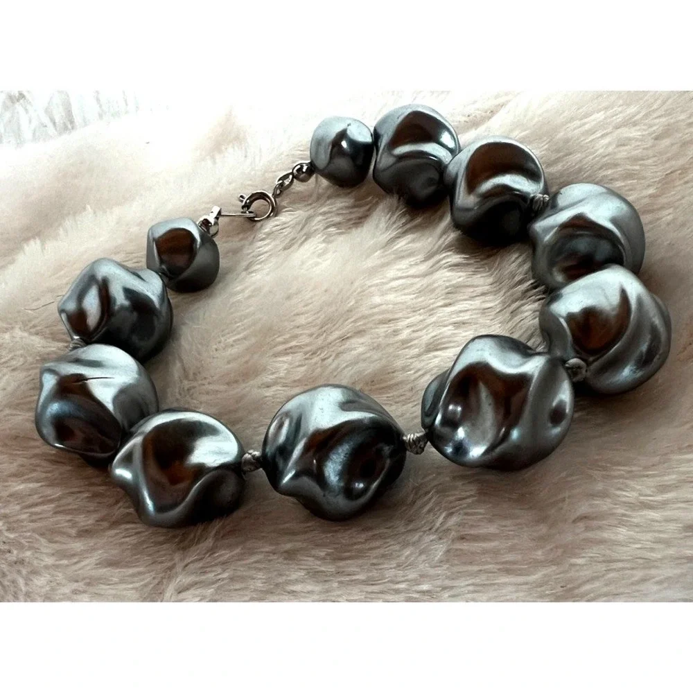 Vintage Bracelet Signed Trifari Silver Tone Sculptural Beaded Chunky‎ Modernist